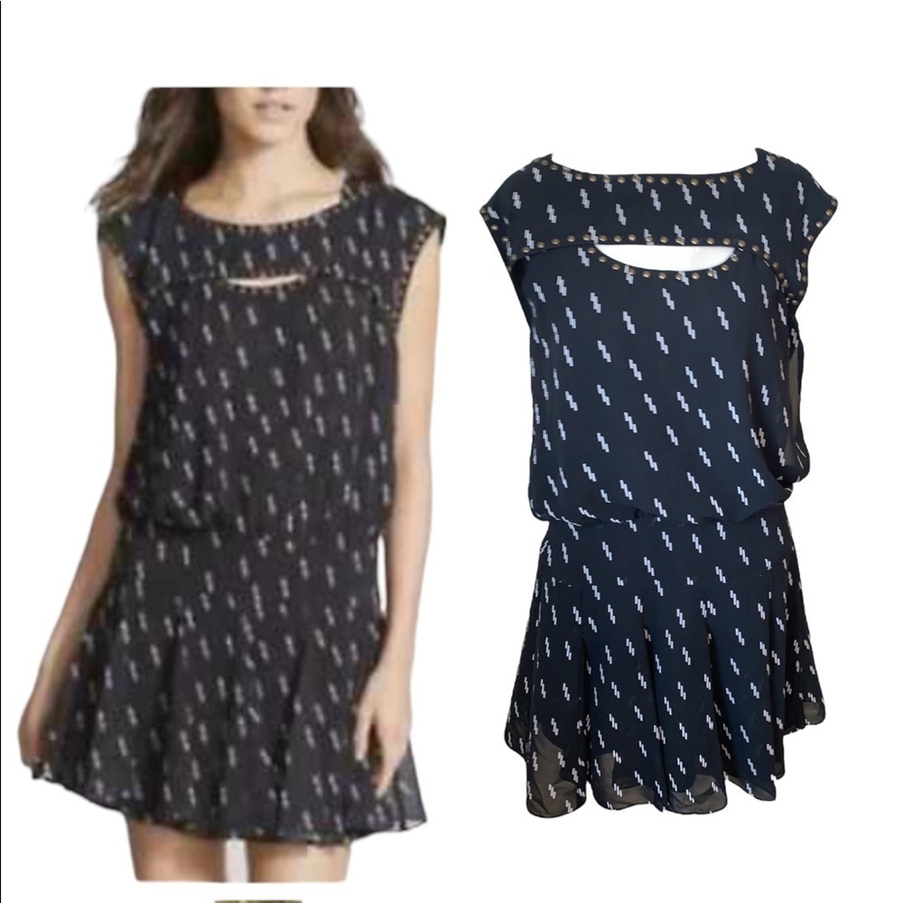 Sam Edelman Bolt Print Studded Drop Waist Black Mini Dress Size Small